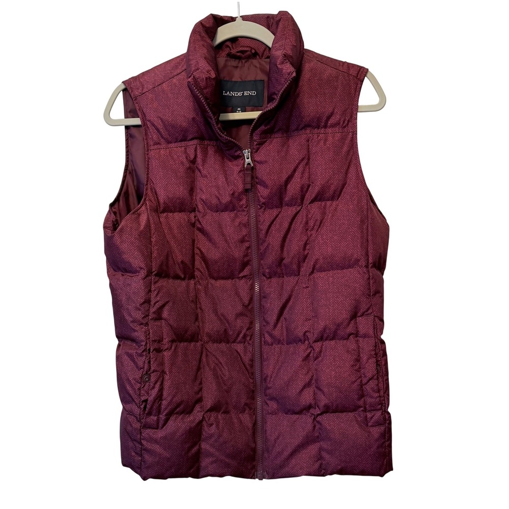 Lands End Down Puffer‎ Vest Herringbone Burgundy Full Zip Quilted M
